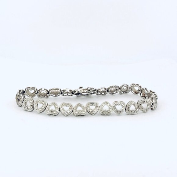 Estate Vintage Sterling Silver 925 Heart Link Tennis Bracelet 7" 13.6g - Picture 1 of 10